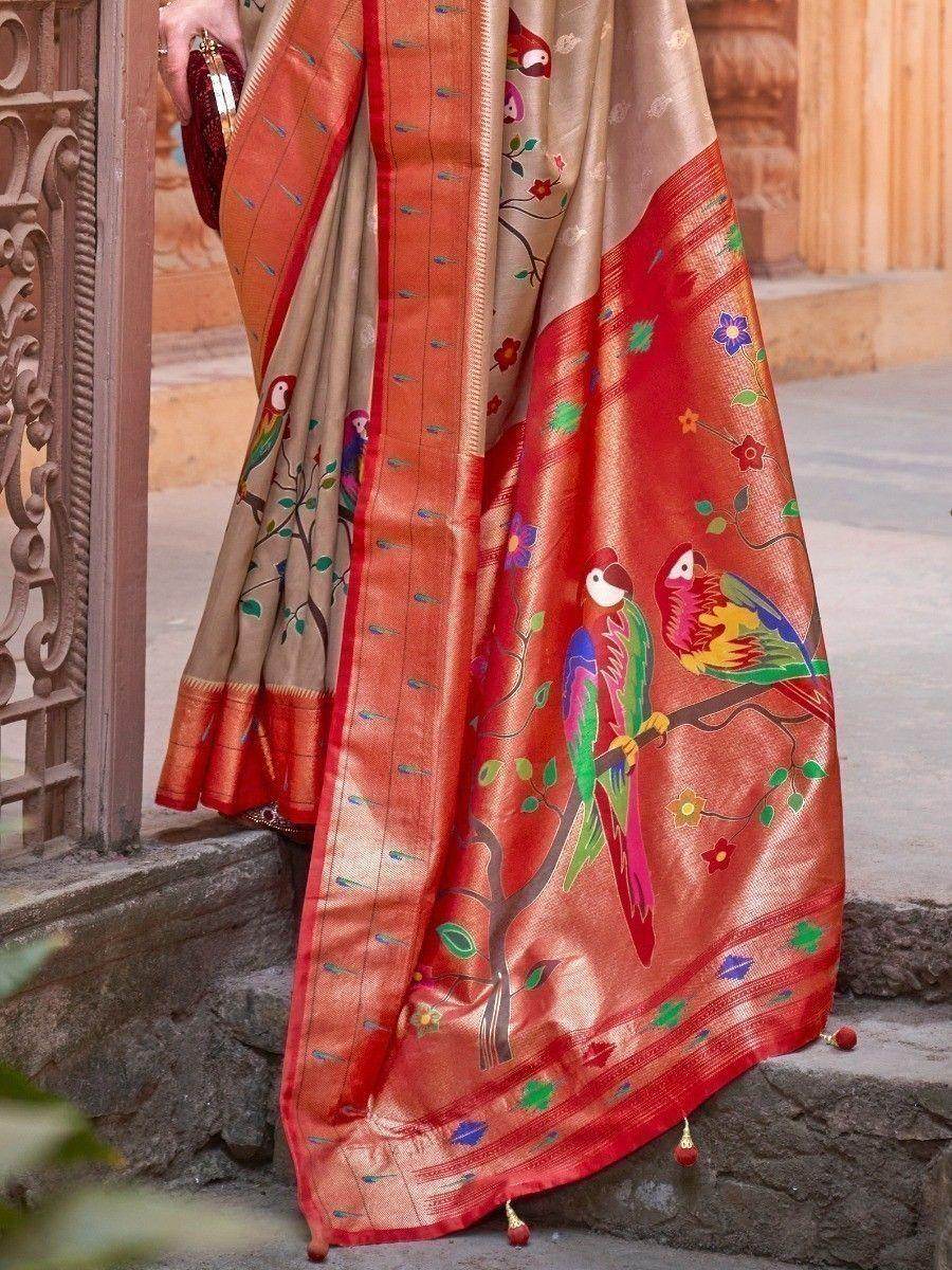 Appealing Light Brown Paithani Printed Event Wear Silk Saree - Zeel Clothing
