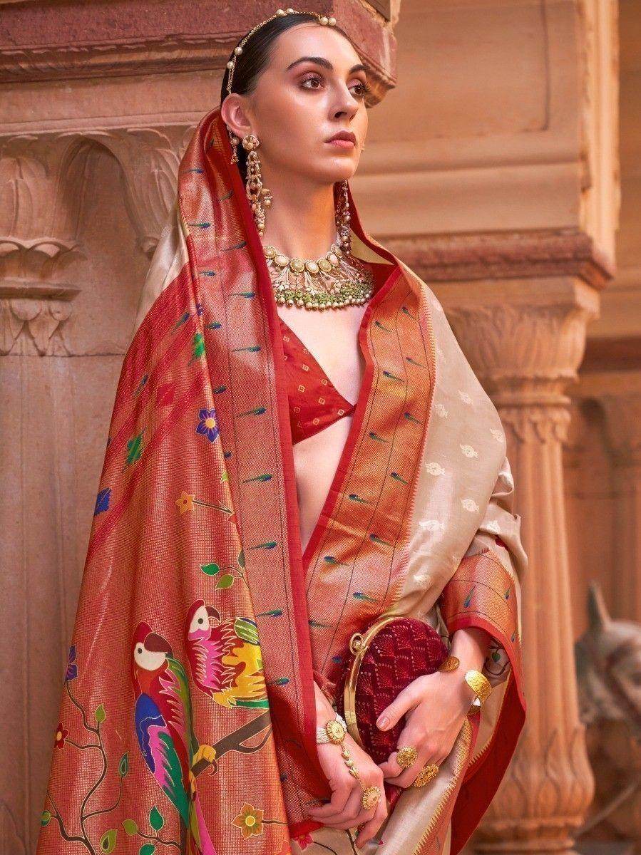 Appealing Light Brown Paithani Printed Event Wear Silk Saree - Zeel Clothing