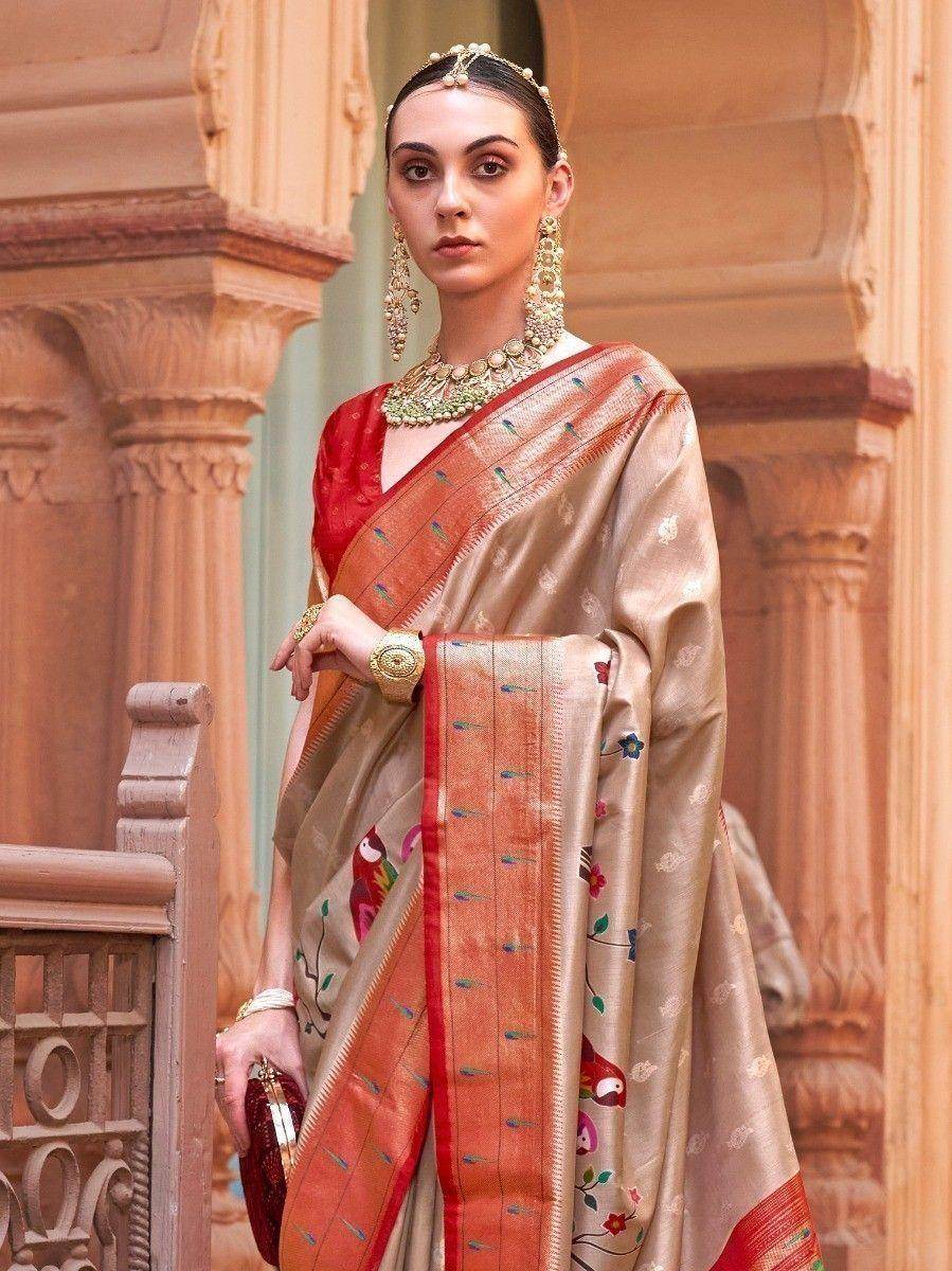 Appealing Light Brown Paithani Printed Event Wear Silk Saree - Zeel Clothing