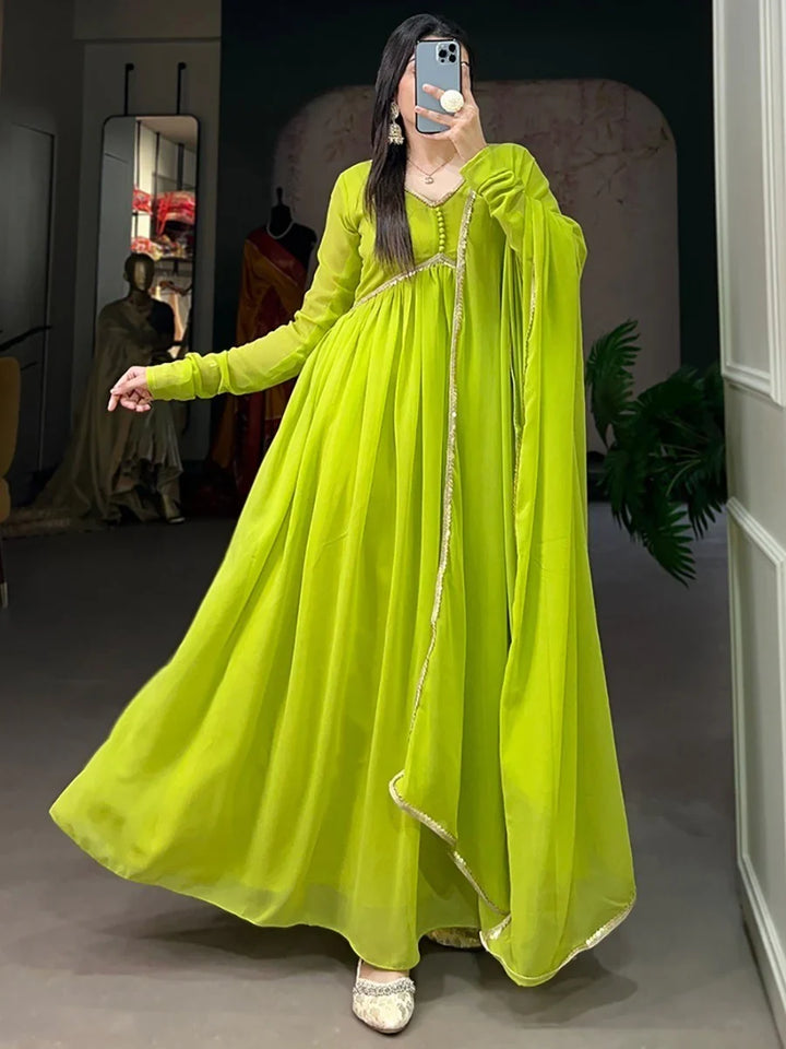 Appealing Light Green Georgette Plain Gown With Dupatta