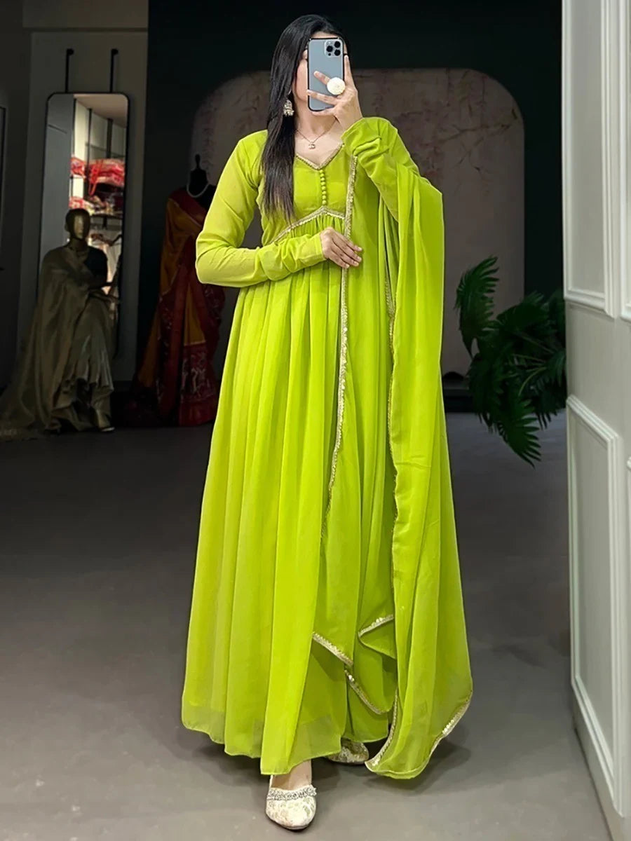 Appealing Light Green Georgette Plain Gown With Dupatta