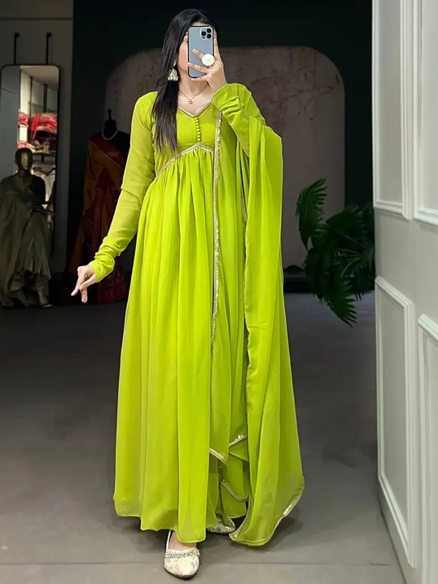 Appealing Light Green Georgette Plain Gown With Dupatta - Zeel Clothing
