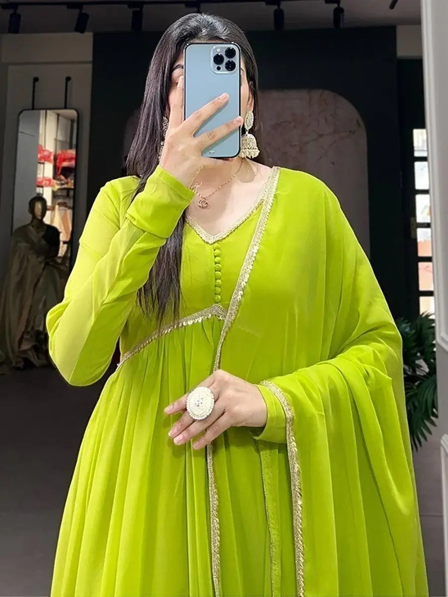 Appealing Light Green Georgette Plain Gown With Dupatta - Zeel Clothing