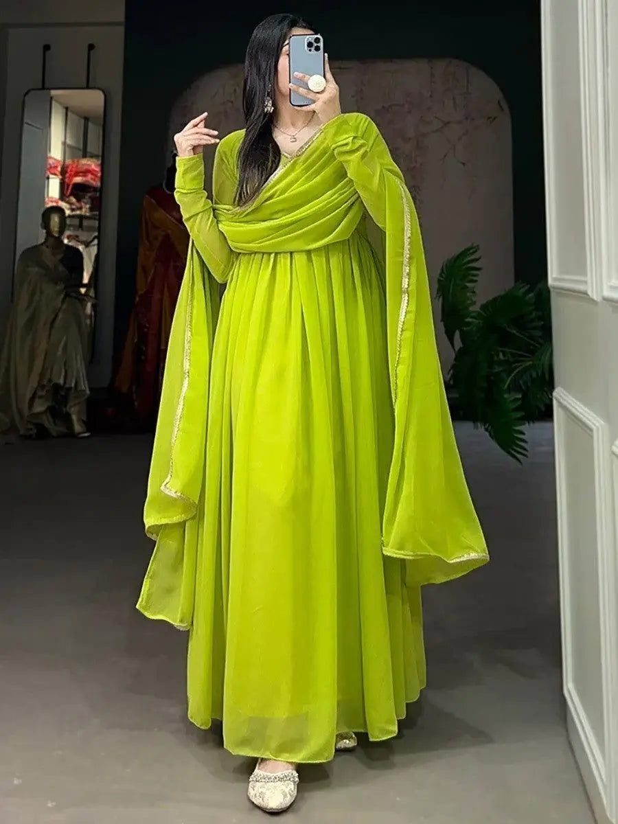 Appealing Light Green Georgette Plain Gown With Dupatta - Zeel Clothing