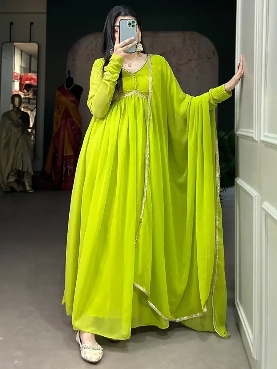 Appealing Light Green Georgette Plain Gown With Dupatta - Zeel Clothing