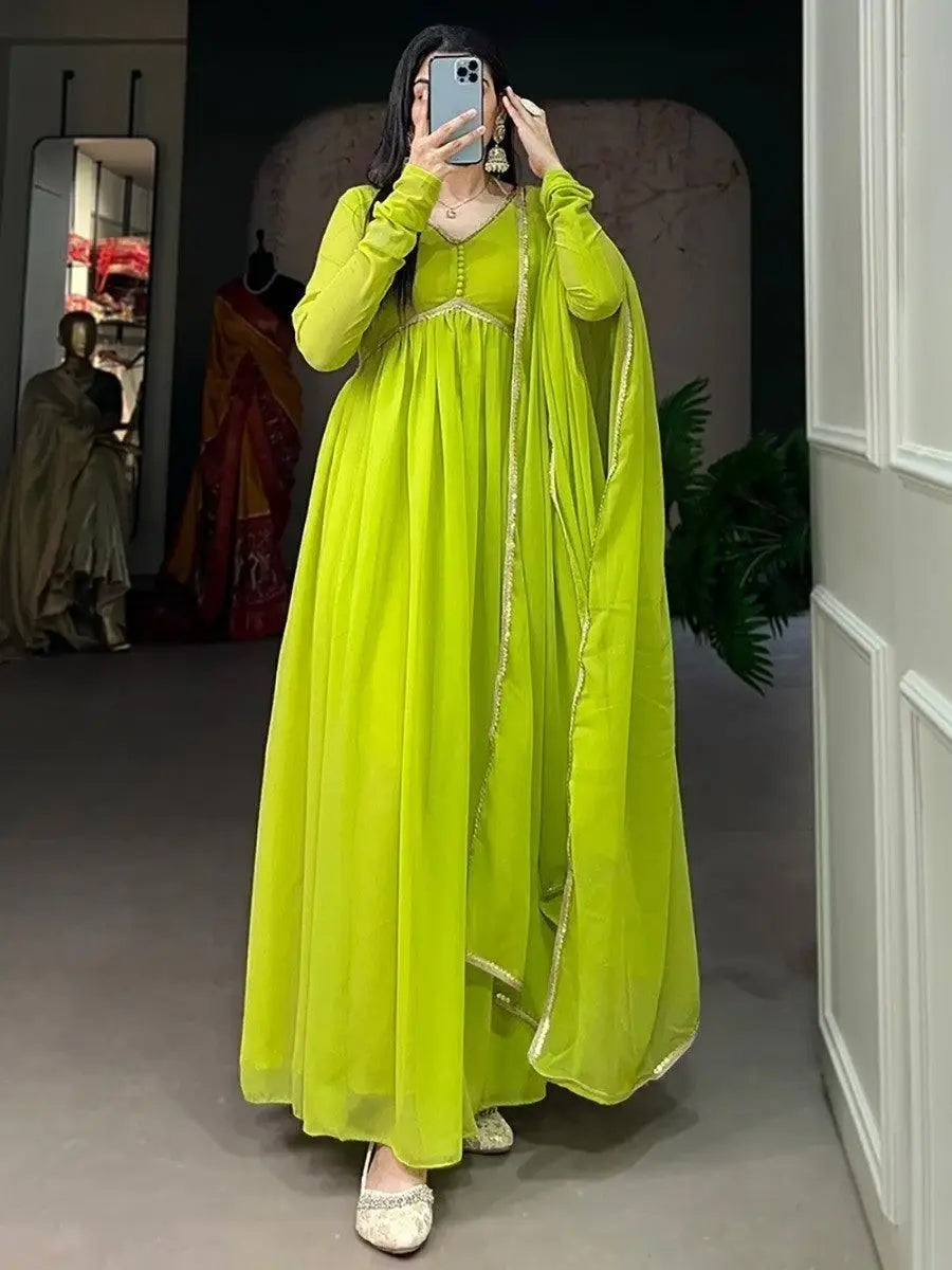 Appealing Light Green Georgette Plain Gown With Dupatta - Zeel Clothing