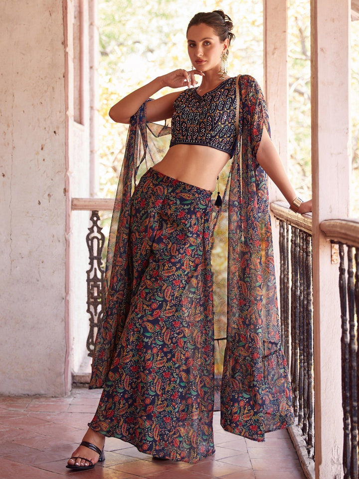 Appealing Navy Blue Digital Printed Georgette Crop Top Palazzo