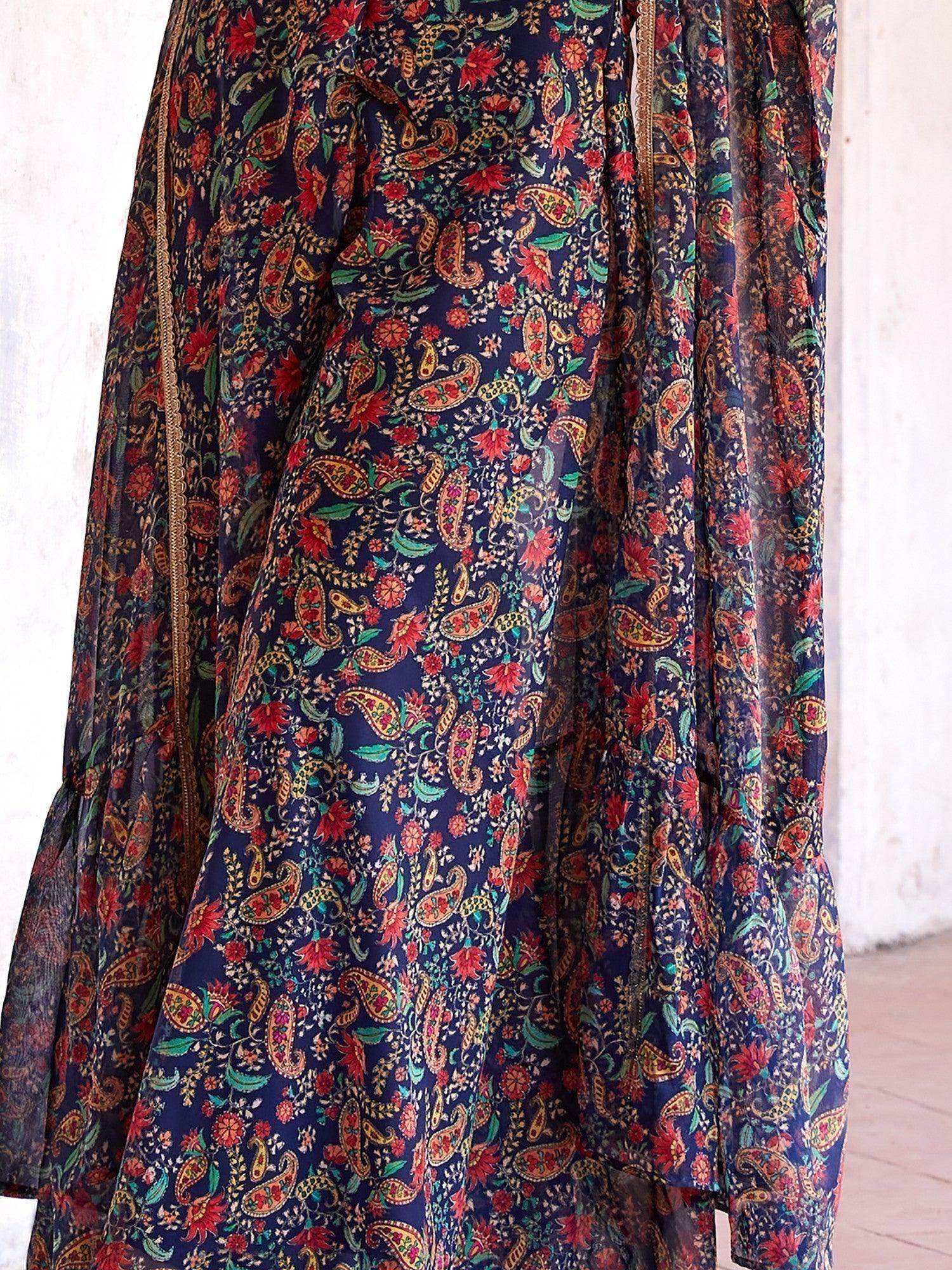 Appealing Navy Blue Digital Printed Georgette Crop Top Palazzo - Zeel Clothing