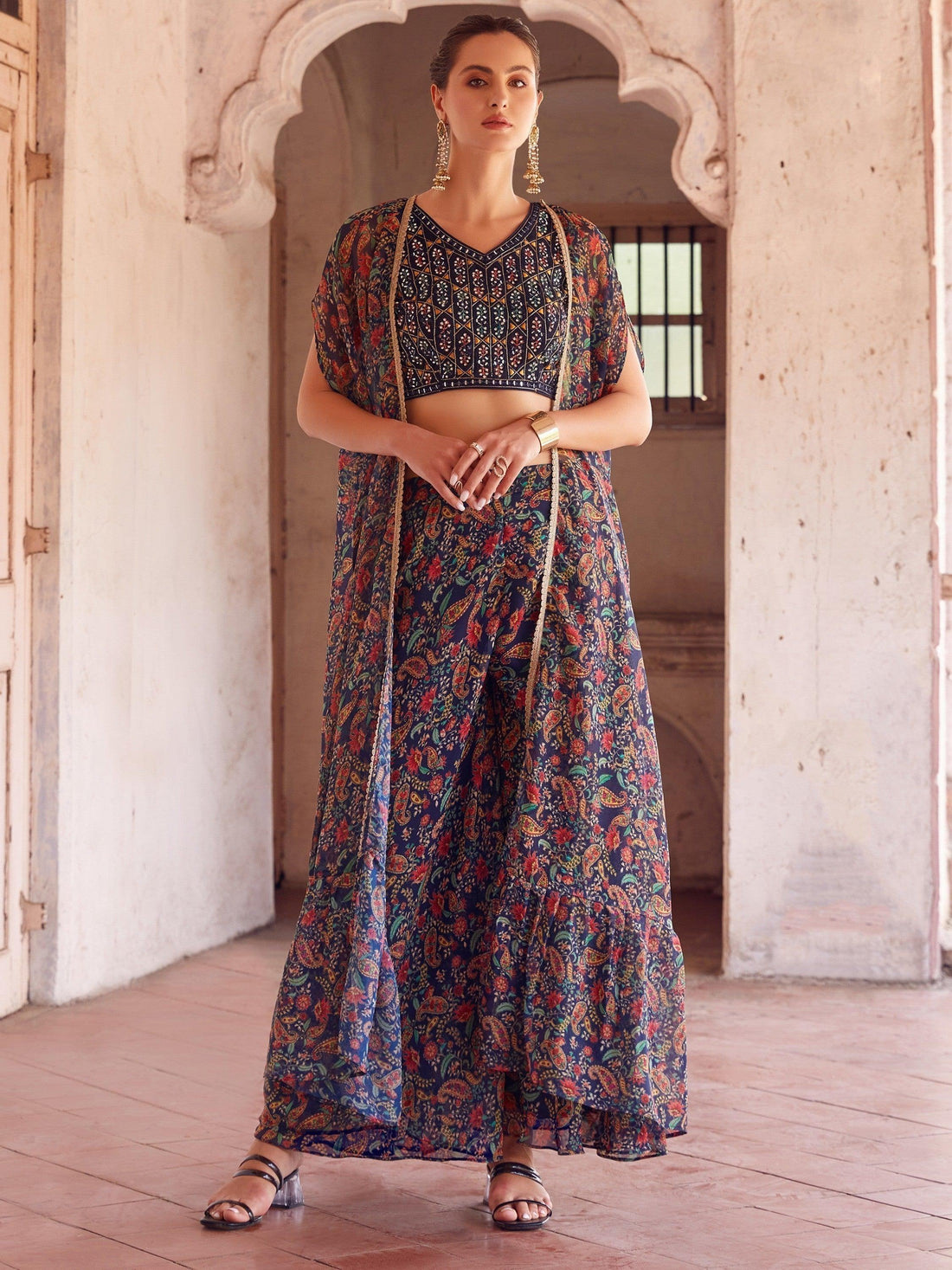 Appealing Navy Blue Digital Printed Georgette Crop Top Palazzo