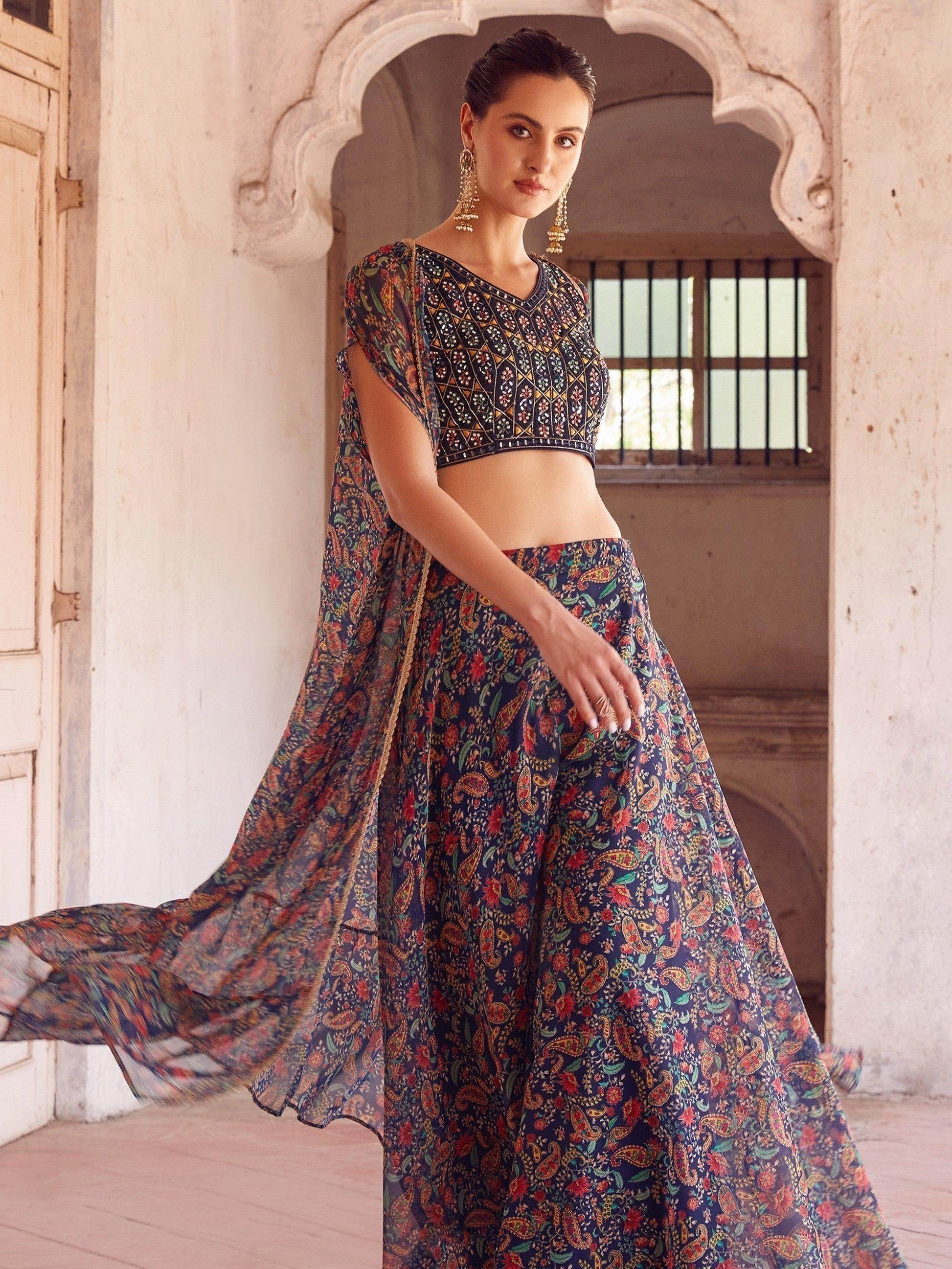 Appealing Navy Blue Digital Printed Georgette Crop Top Palazzo - Zeel Clothing