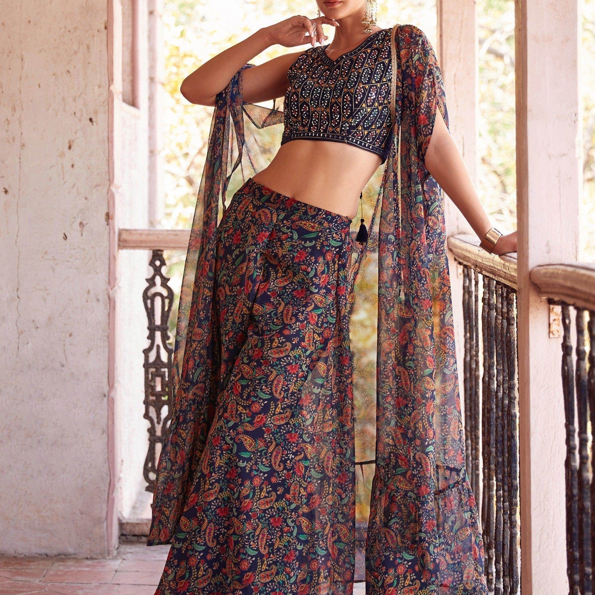 Appealing Navy Blue Digital Printed Georgette Crop Top Palazzo - Zeel Clothing