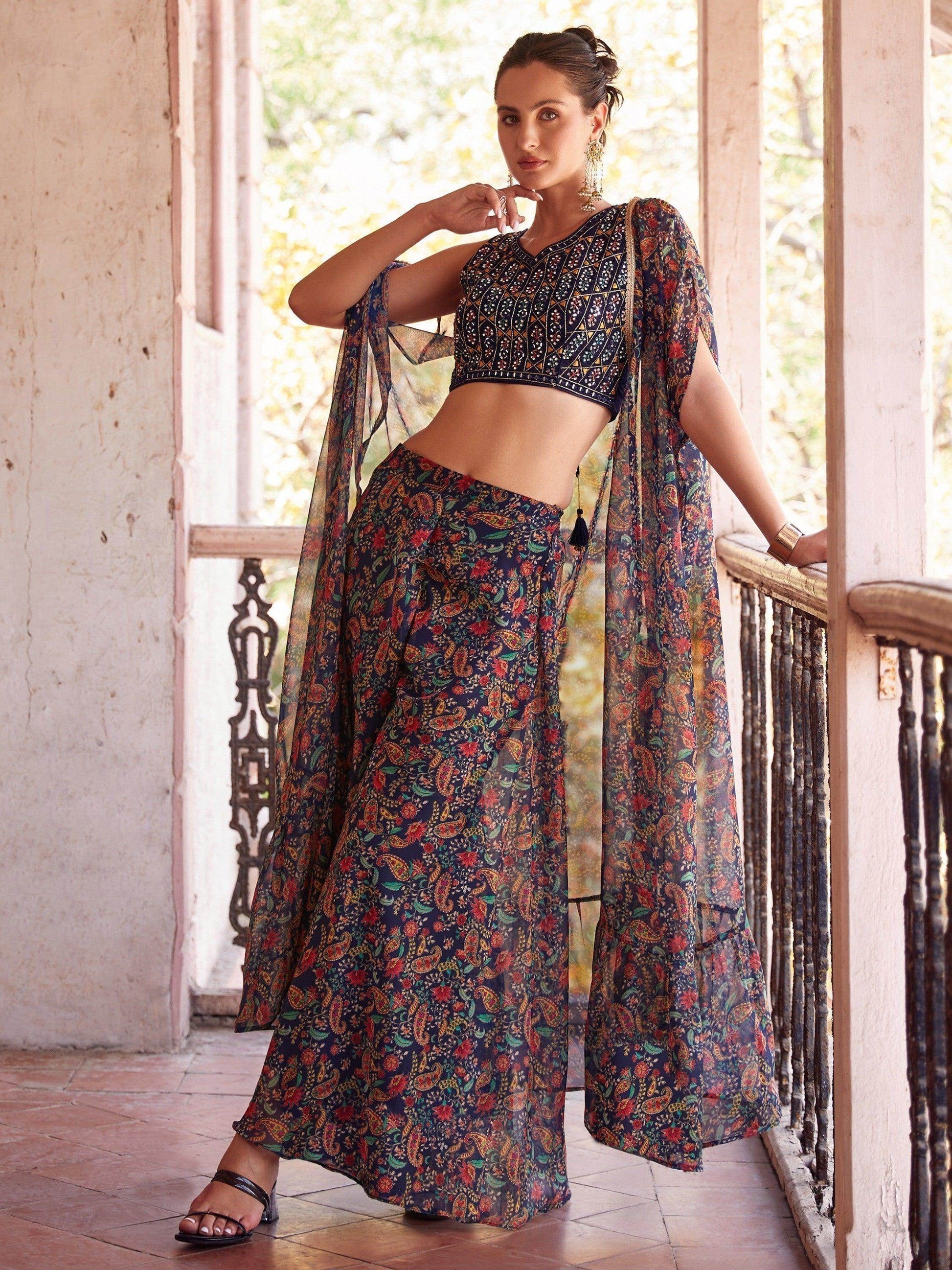 Appealing Navy Blue Digital Printed Georgette Crop Top Palazzo - Zeel Clothing