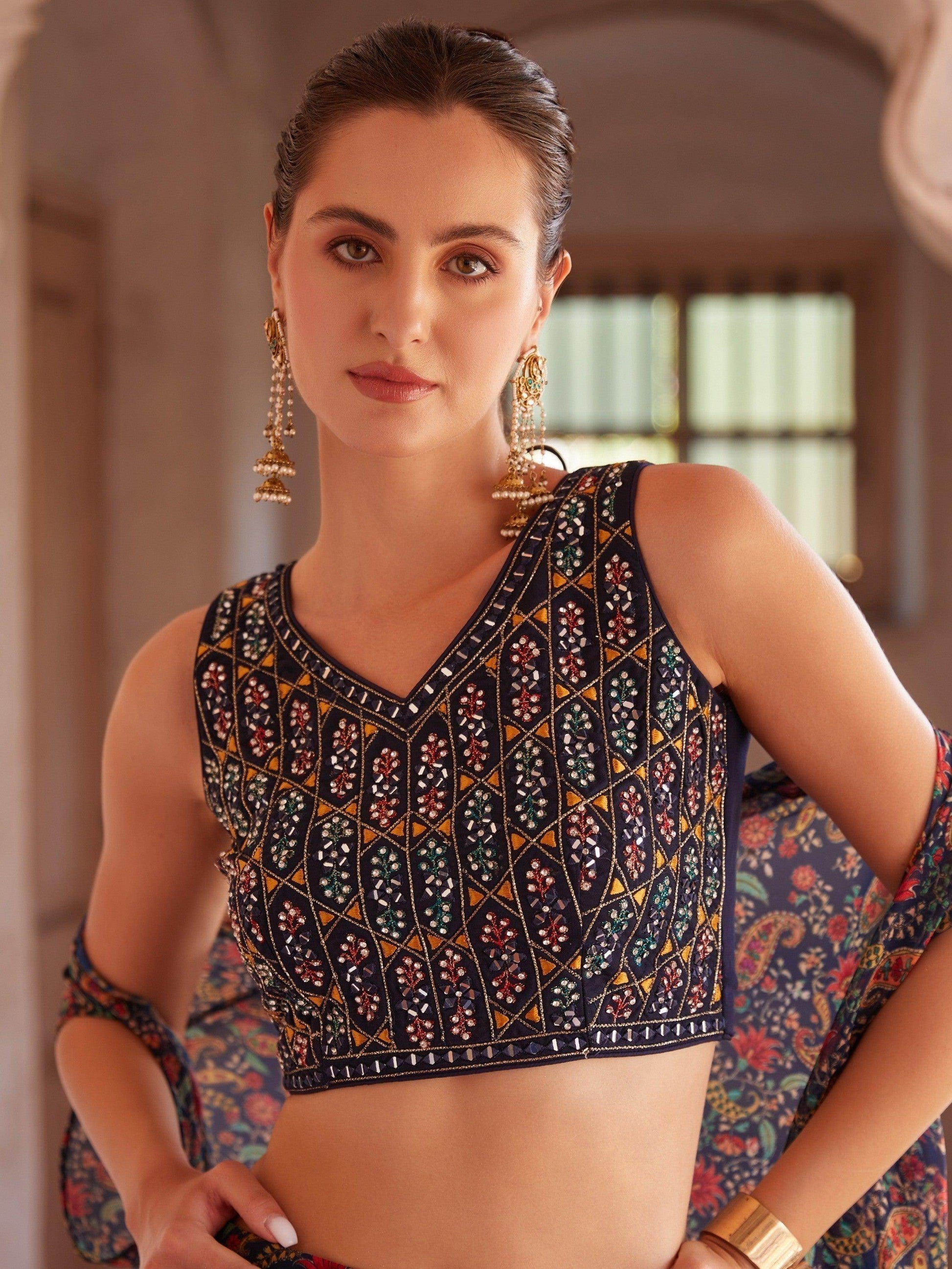 Appealing Navy Blue Digital Printed Georgette Crop Top Palazzo - Zeel Clothing