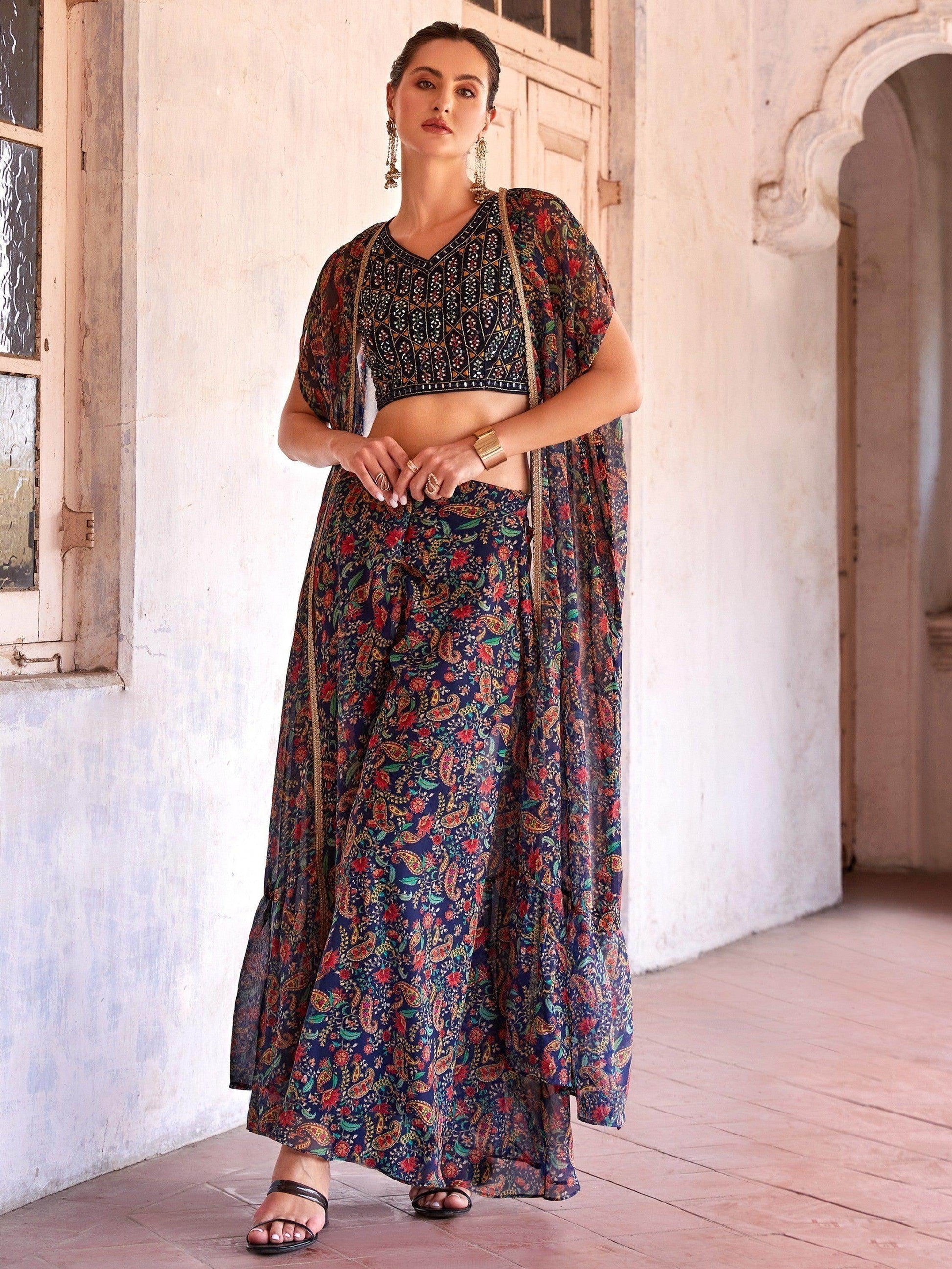 Appealing Navy Blue Digital Printed Georgette Crop Top Palazzo - Zeel Clothing