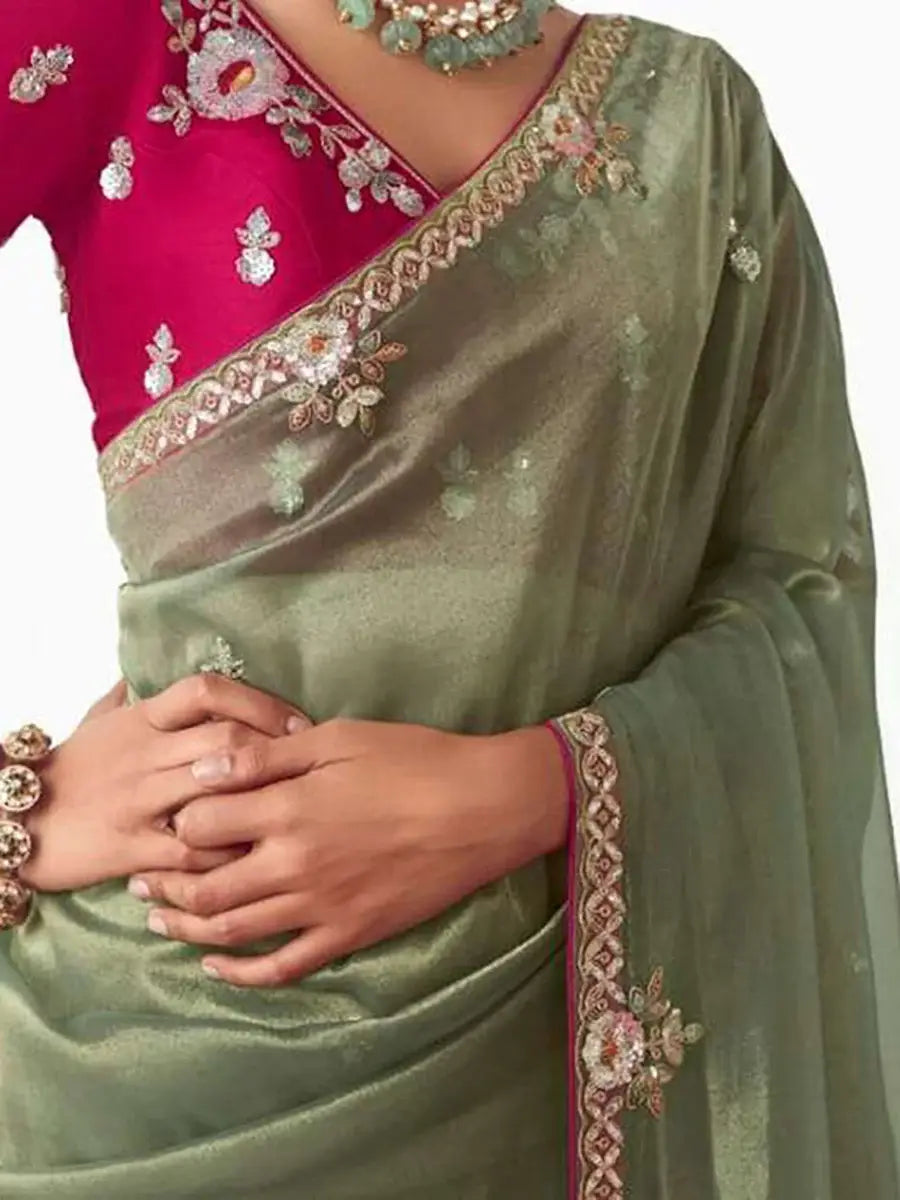 Appealing Olive Green Zari Embroidery Organza Wedding Wear Saree With Blouse - Zeel Clothing
