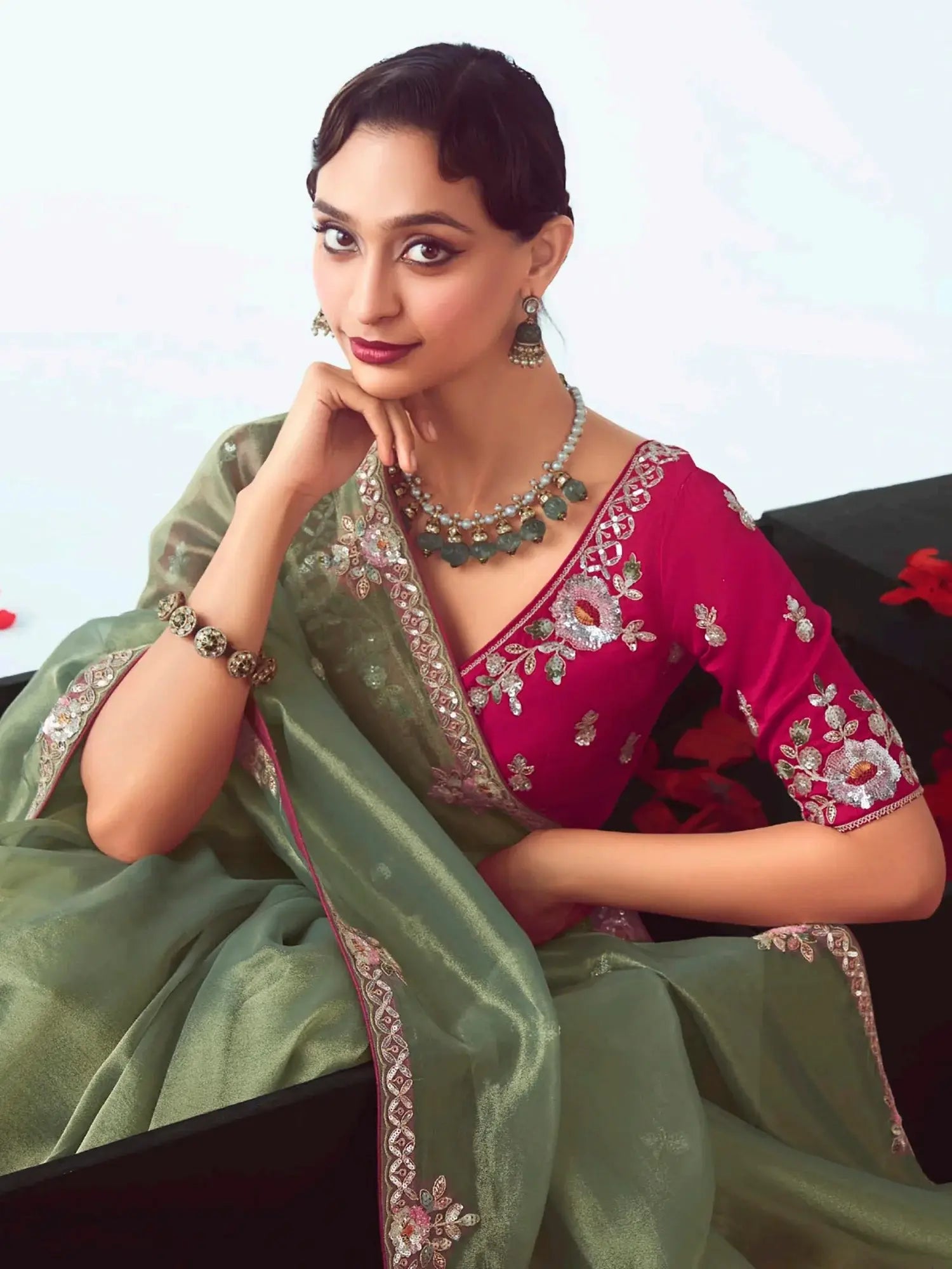 Appealing Olive Green Zari Embroidery Organza Wedding Wear Saree With Blouse - Zeel Clothing