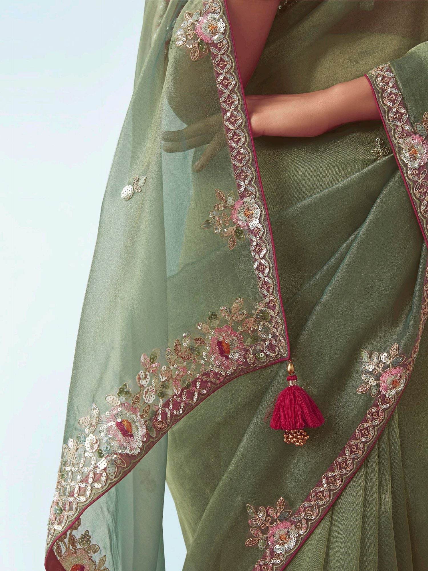 Appealing Olive Green Zari Embroidery Organza Wedding Wear Saree With Blouse - Zeel Clothing