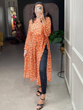 Appealing Orange Animal Printed Chiffon Nayra Cut Festival Wear Kurti - Zeel Clothing
