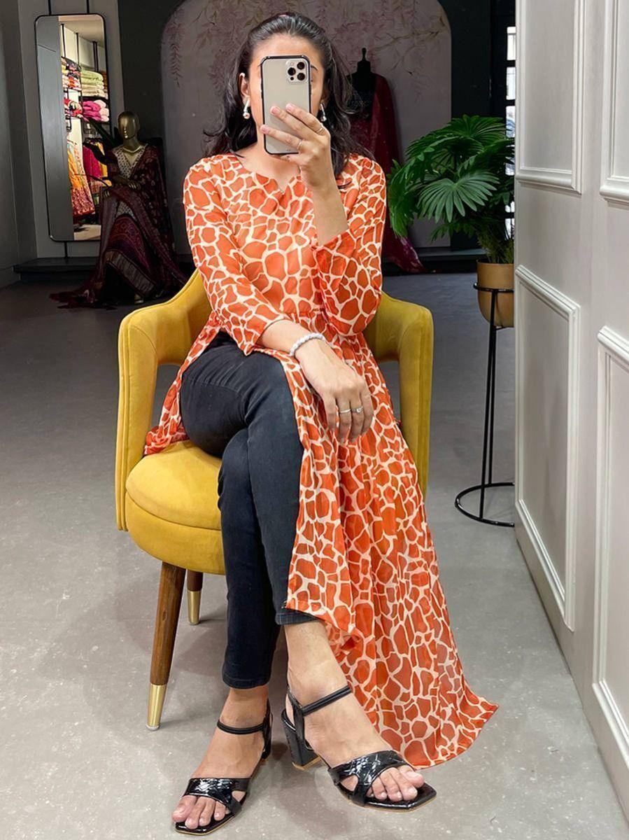 Appealing Orange Animal Printed Chiffon Nayra Cut Festival Wear Kurti - Zeel Clothing