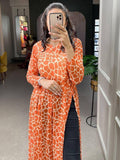 Appealing Orange Animal Printed Chiffon Nayra Cut Festival Wear Kurti - Zeel Clothing
