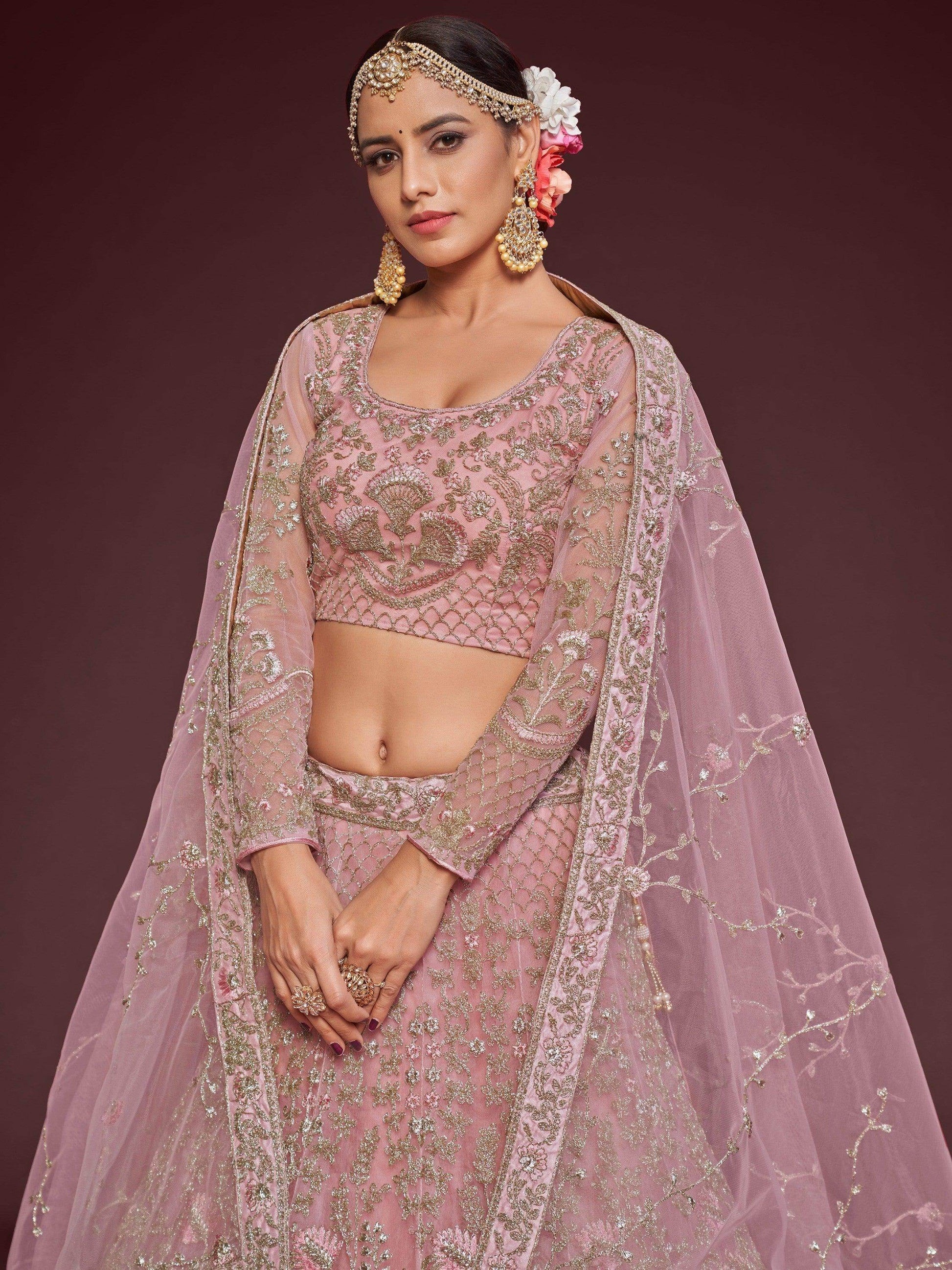Appealing Pearl Pink Embroidered Soft Net Wedding Wear Lehenga Choli - Zeel Clothing