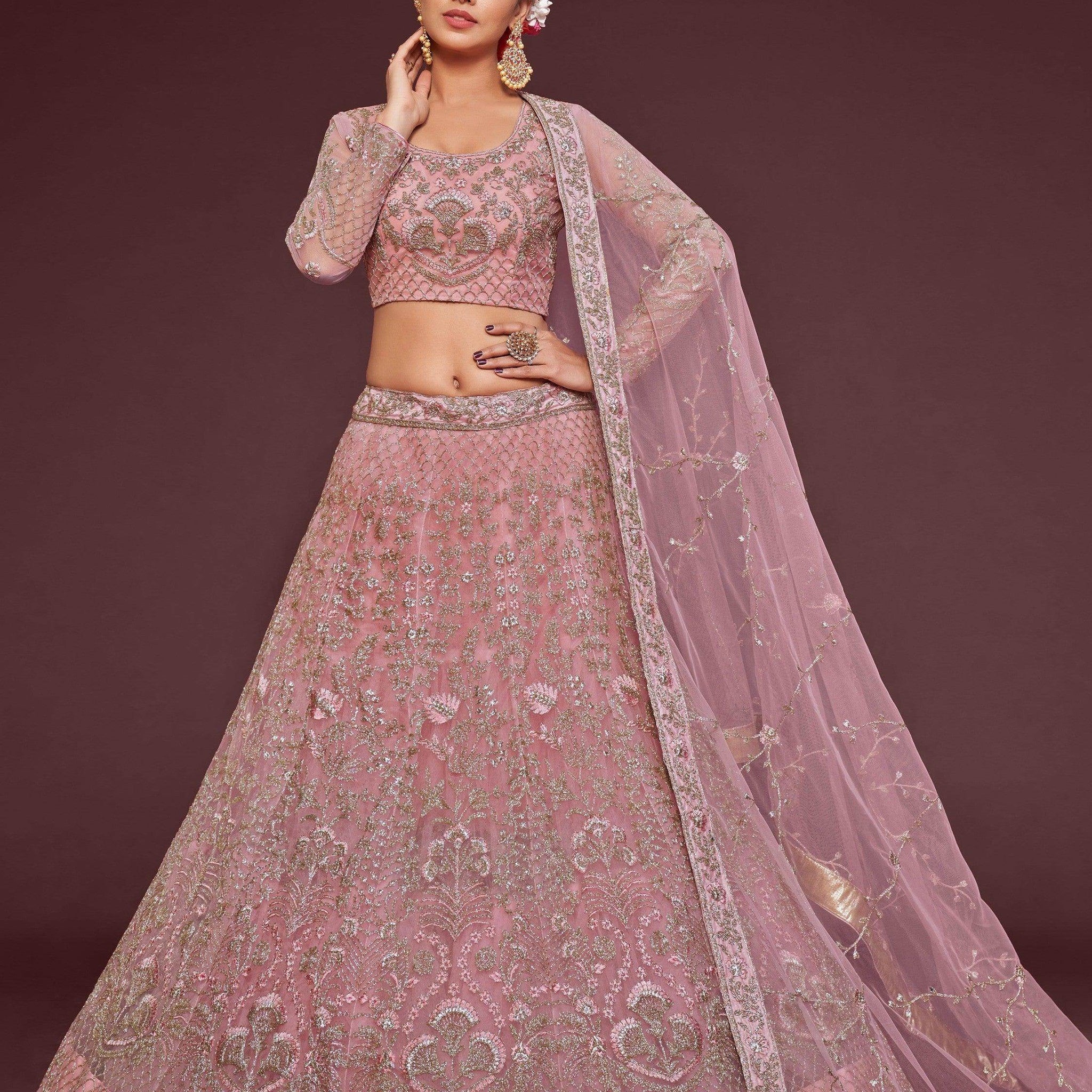 Appealing Pearl Pink Embroidered Soft Net Wedding Wear Lehenga Choli - Zeel Clothing