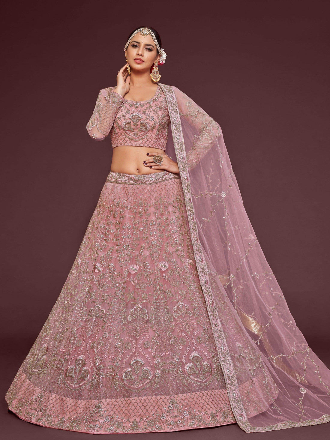 Appealing Pearl Pink Embroidered Soft Net Wedding Wear Lehenga Choli - Zeel Clothing