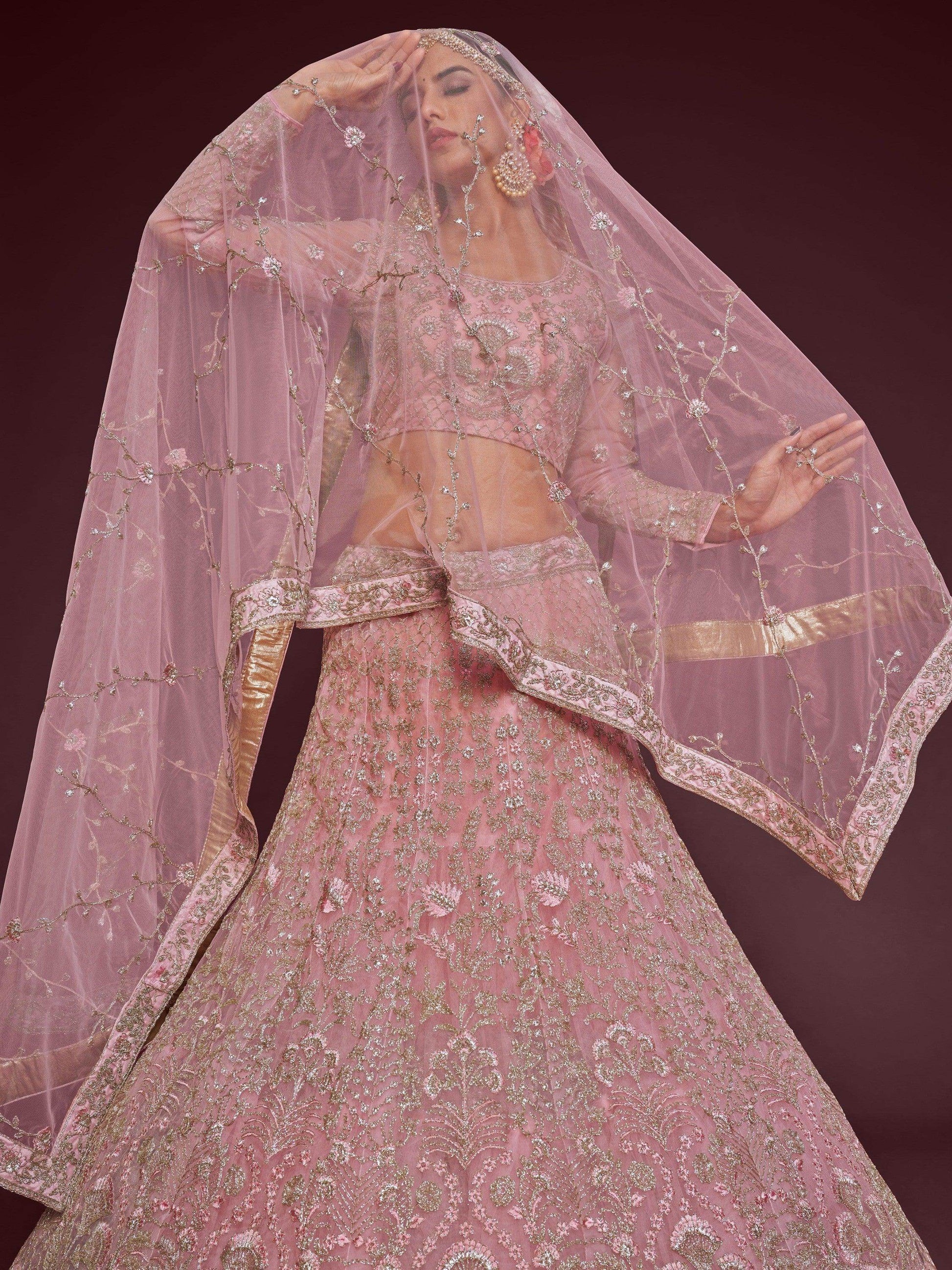 Appealing Pearl Pink Embroidered Soft Net Wedding Wear Lehenga Choli - Zeel Clothing