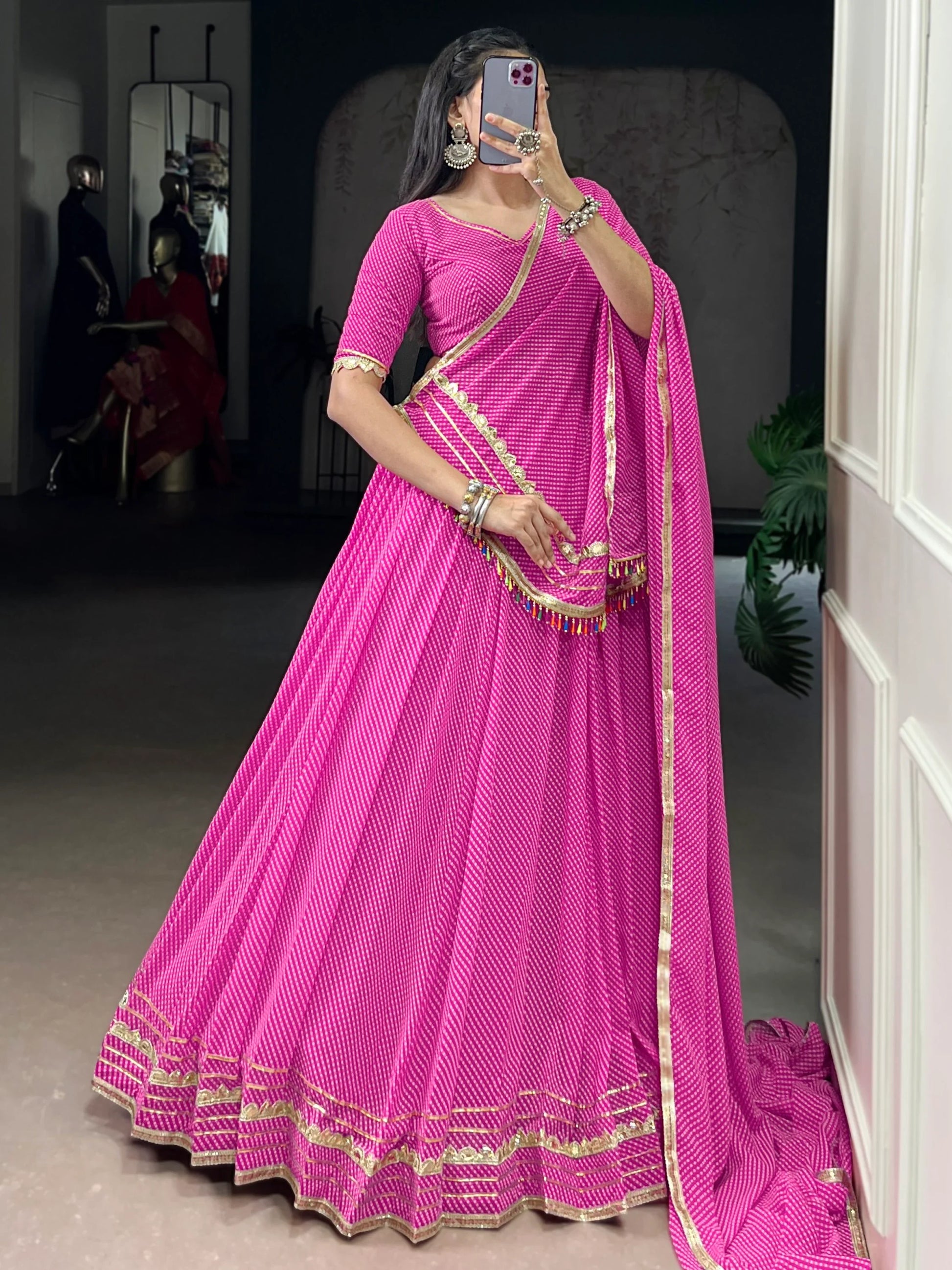 Appealing Pink Bandhej Print Georgette Festive Wear Lehenga Choli With Dupatta
