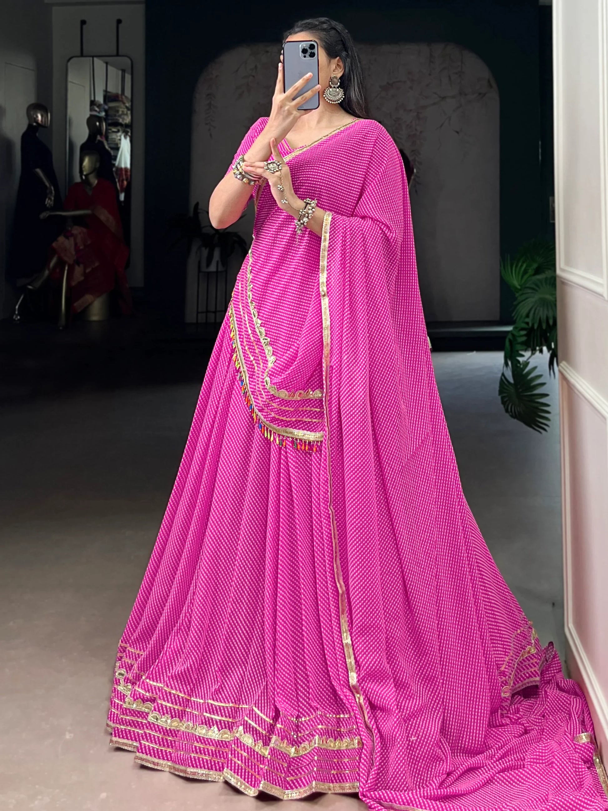 Appealing Pink Bandhej Print Georgette Festive Wear Lehenga Choli With Dupatta