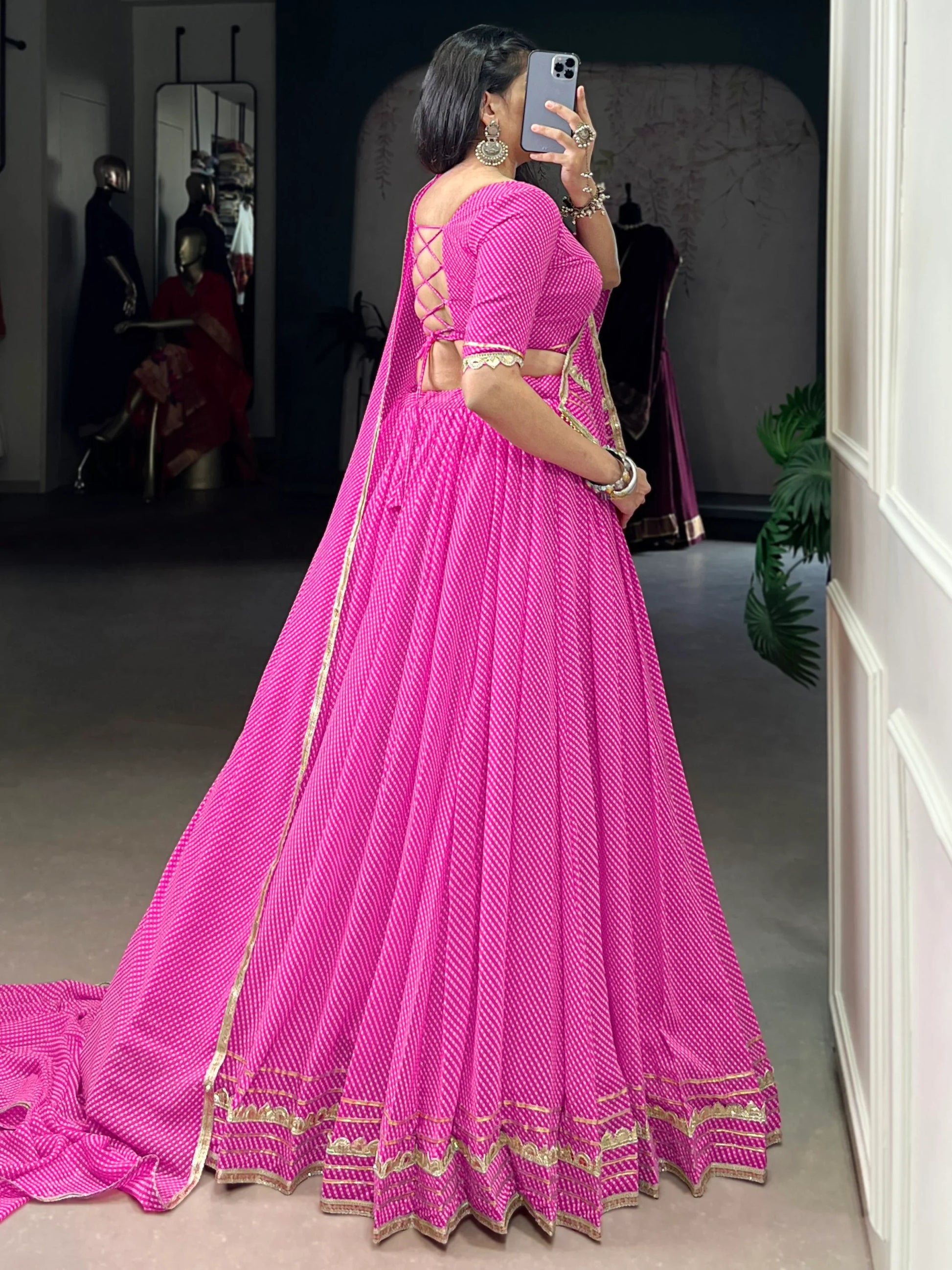 Appealing Pink Bandhej Print Georgette Festive Wear Lehenga Choli With Dupatta