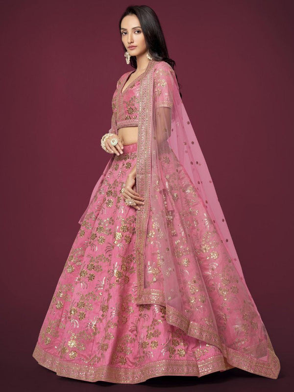 Appealing Pink Sequins Slub Silk Reception Wear Lehenga Choli