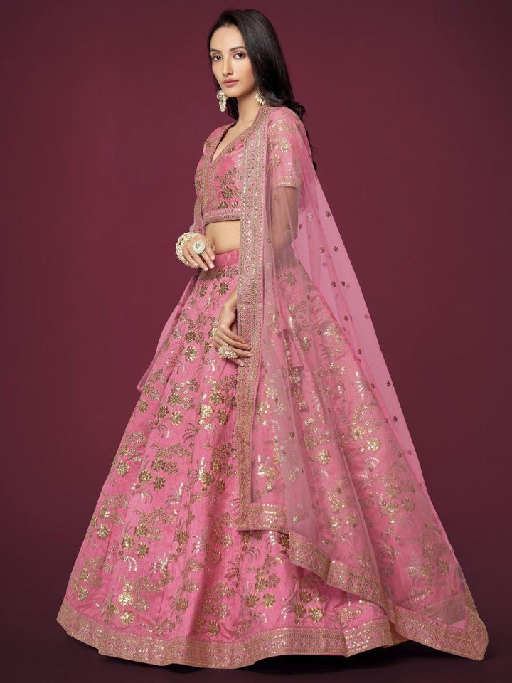 Appealing Pink Sequins Slub Silk Reception Wear Lehenga Choli