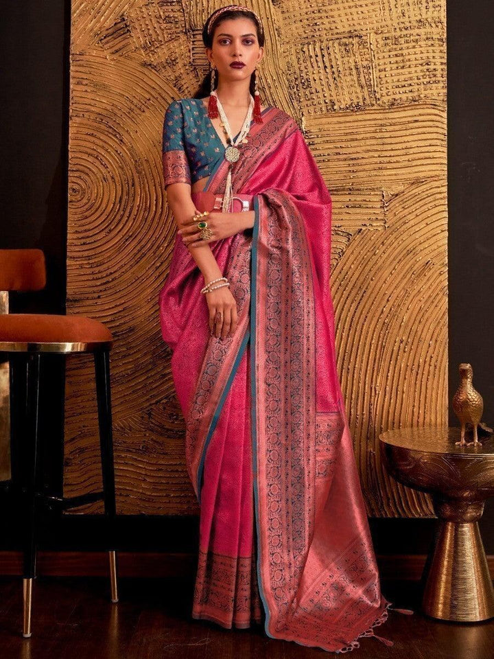 Appealing Pink Weaving Silk Engagement Wear Saree With Blouse