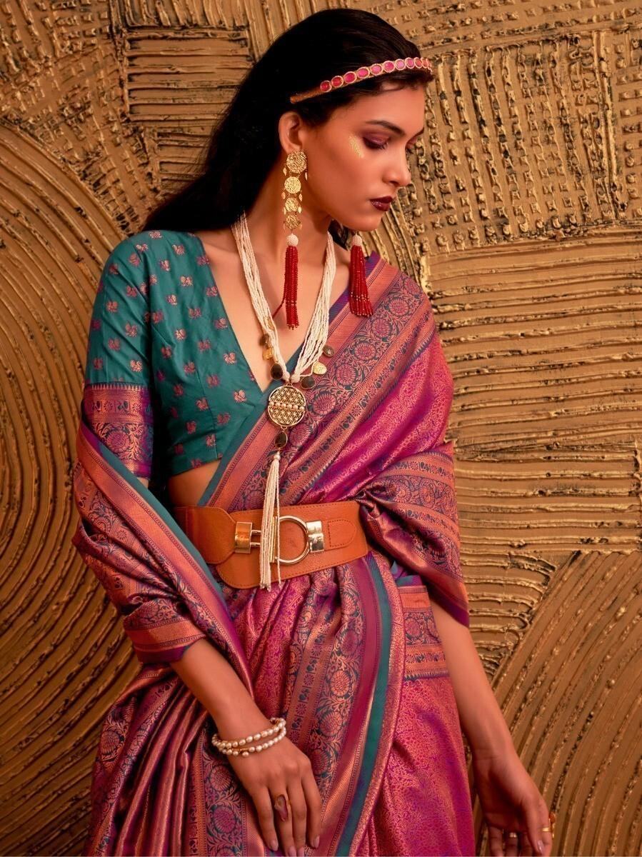 Appealing Pink Weaving Silk Engagement Wear Saree With Blouse