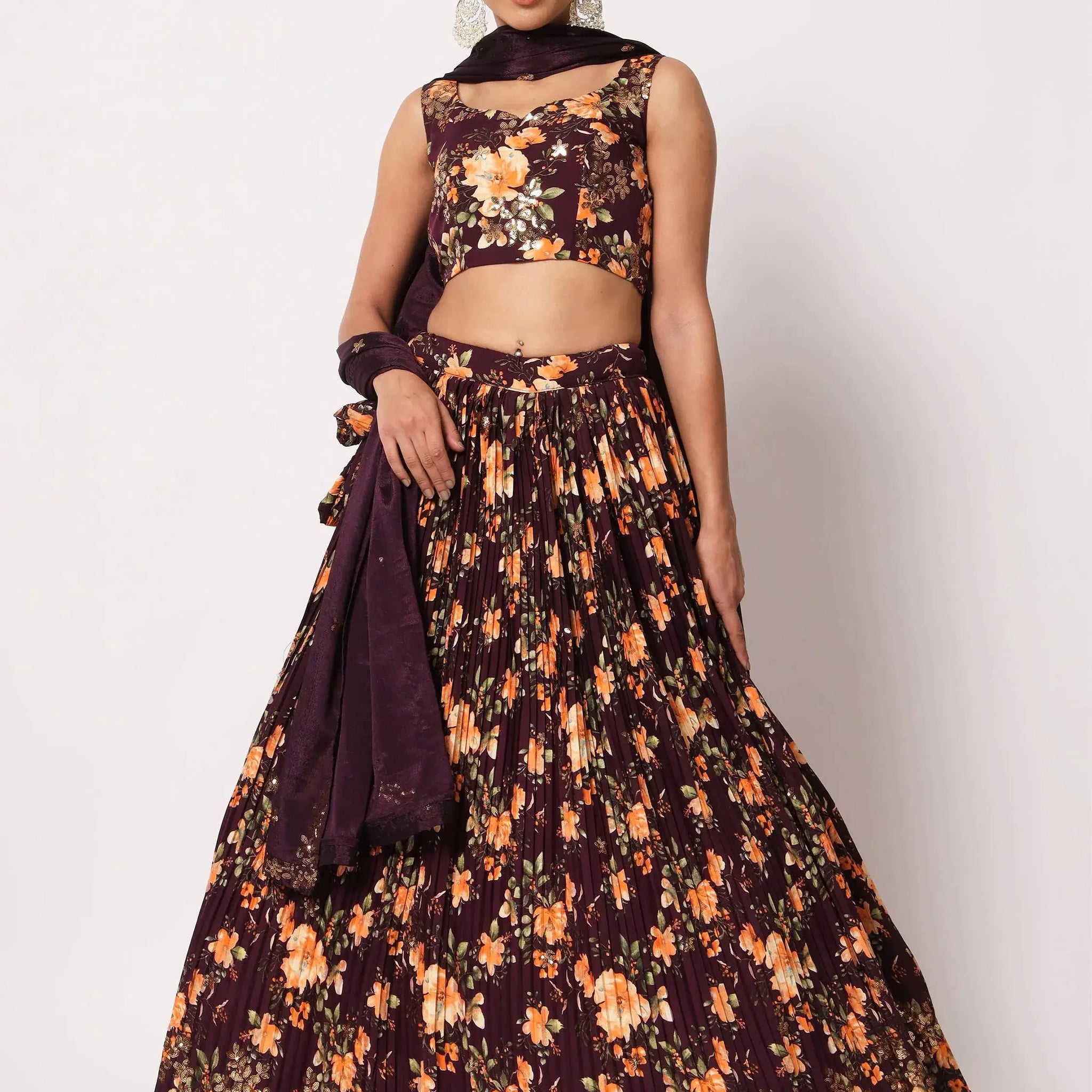 Appealing Purple Floral Printed Silk Reception Wear Lehenga Choli - Zeel Clothing