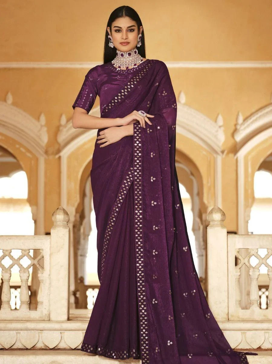 Appealing Purple Sequins Chinon Festiwal Wear Saree With Blouse