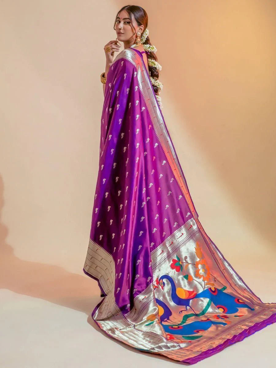 Appealing Purple Zari Weaving Paithani Silk Saree With Blouse