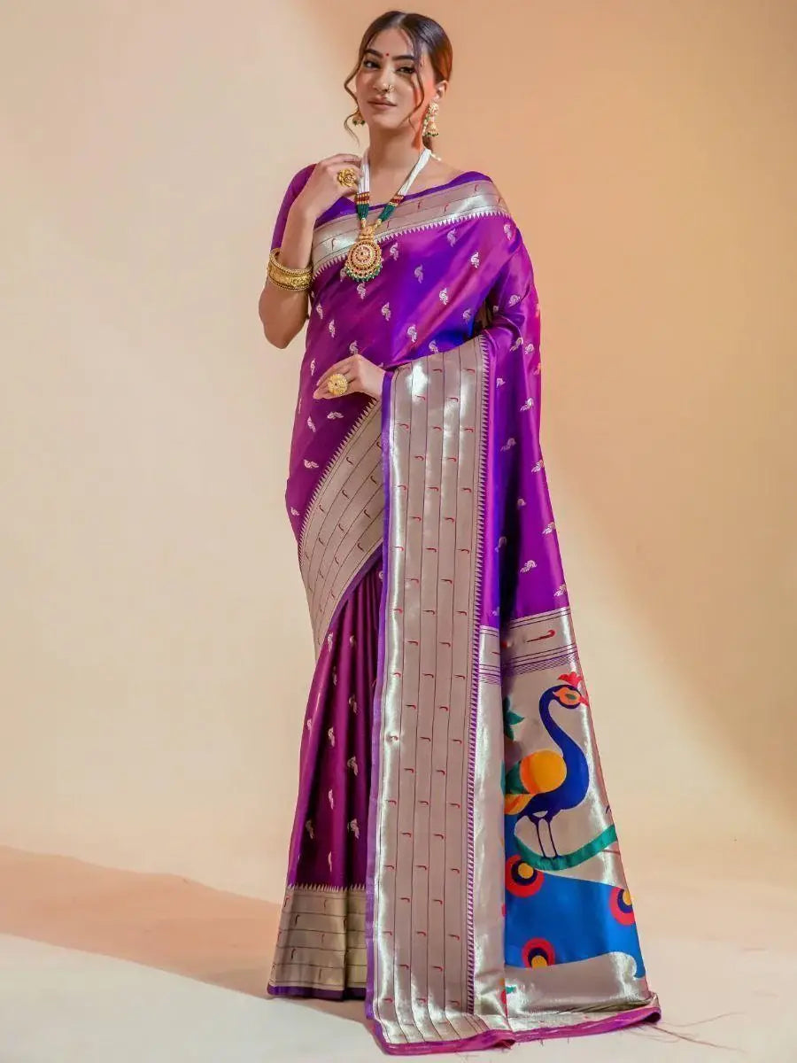 Appealing Purple Zari Weaving Paithani Silk Saree With Blouse - Zeel Clothing
