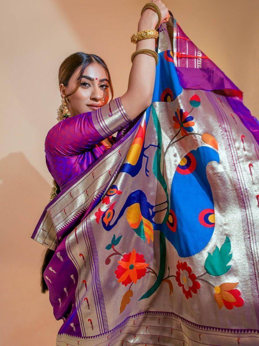 Appealing Purple Zari Weaving Paithani Silk Saree With Blouse - Zeel Clothing