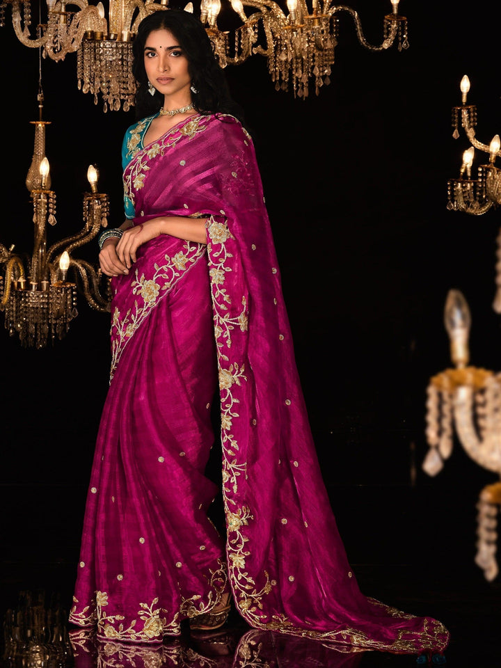 Appealing Rani Pink Embroidered Silk Wedding Wear Saree