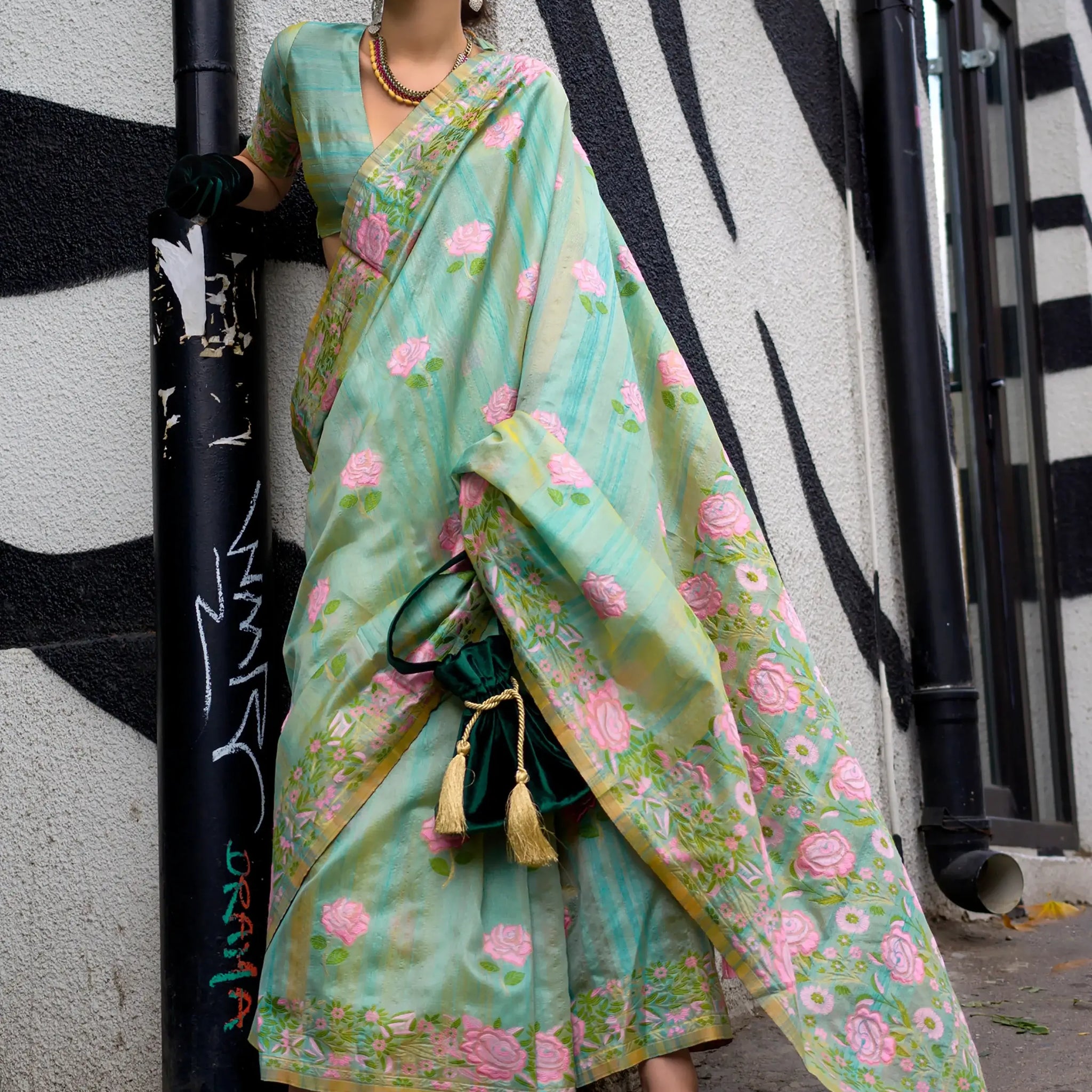 Appealing Sea-Green Floral Printed Silk Wedding Wear Saree - Zeel Clothing