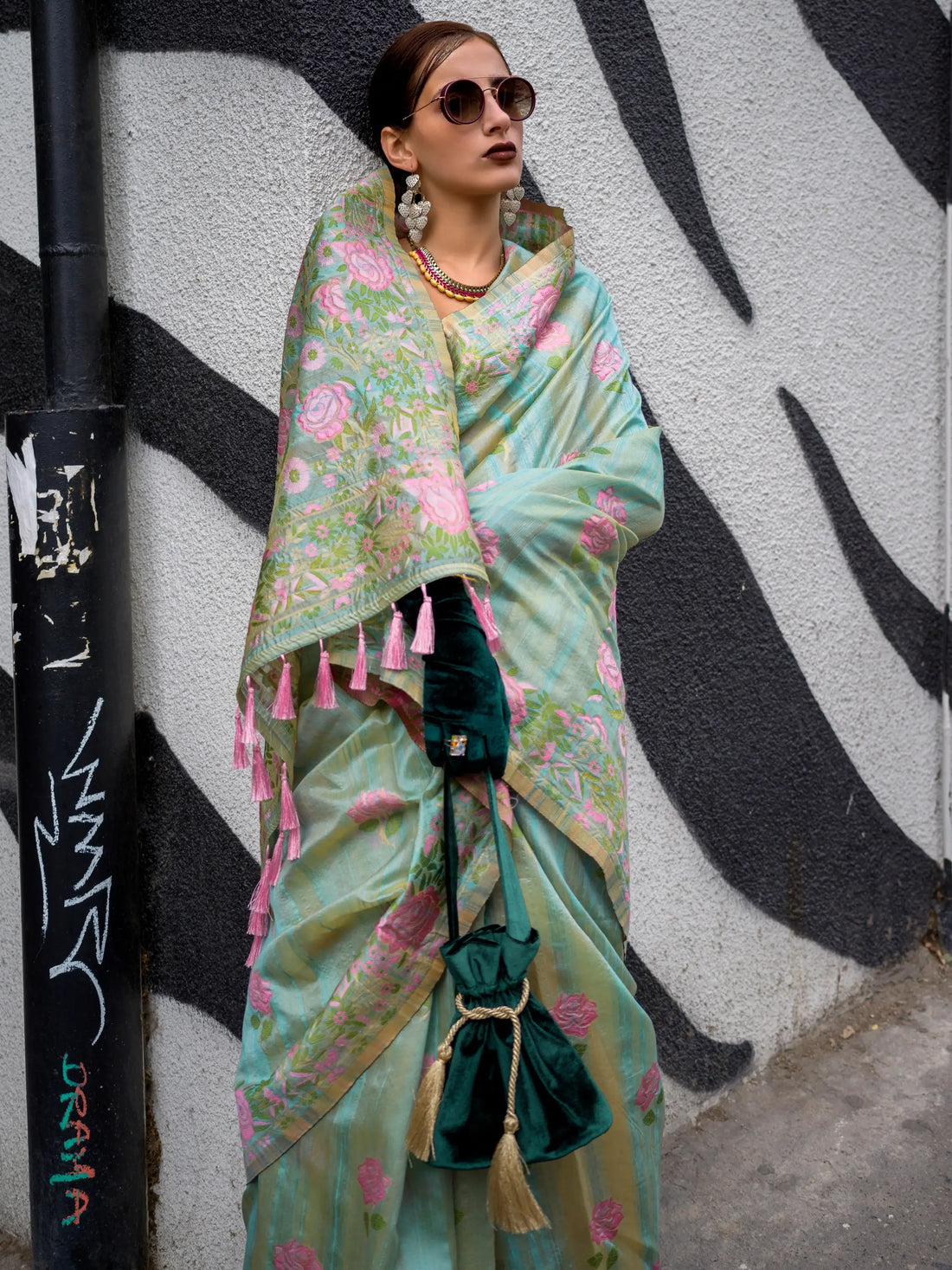 Appealing Sea-Green Floral Printed Silk Wedding Wear Saree - Zeel Clothing