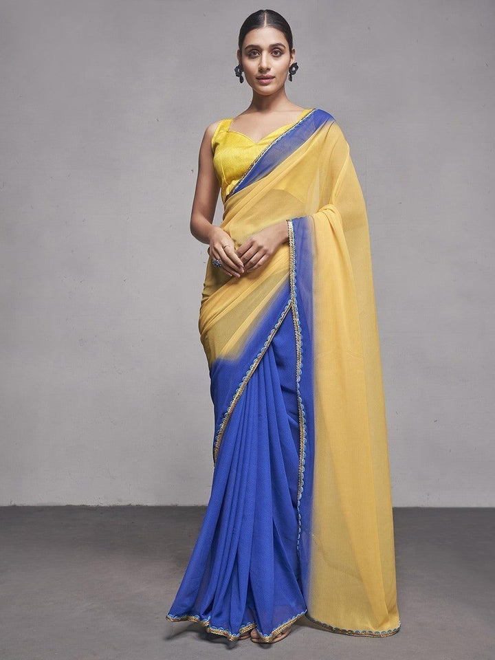 Appealing Yellow & Blue Georgette Plain Saree With Blouse