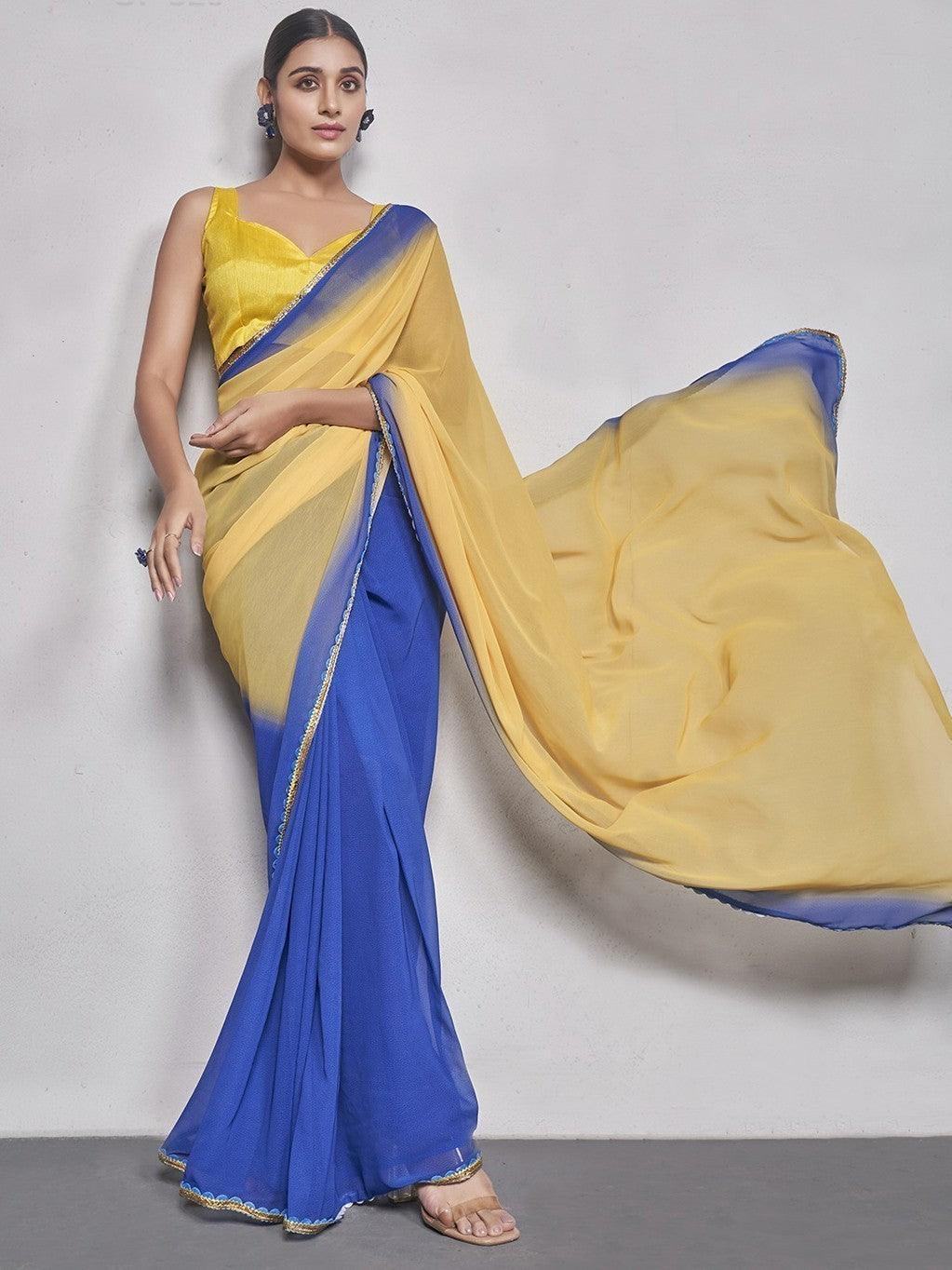 Appealing Yellow & Blue Georgette Plain Saree With Blouse