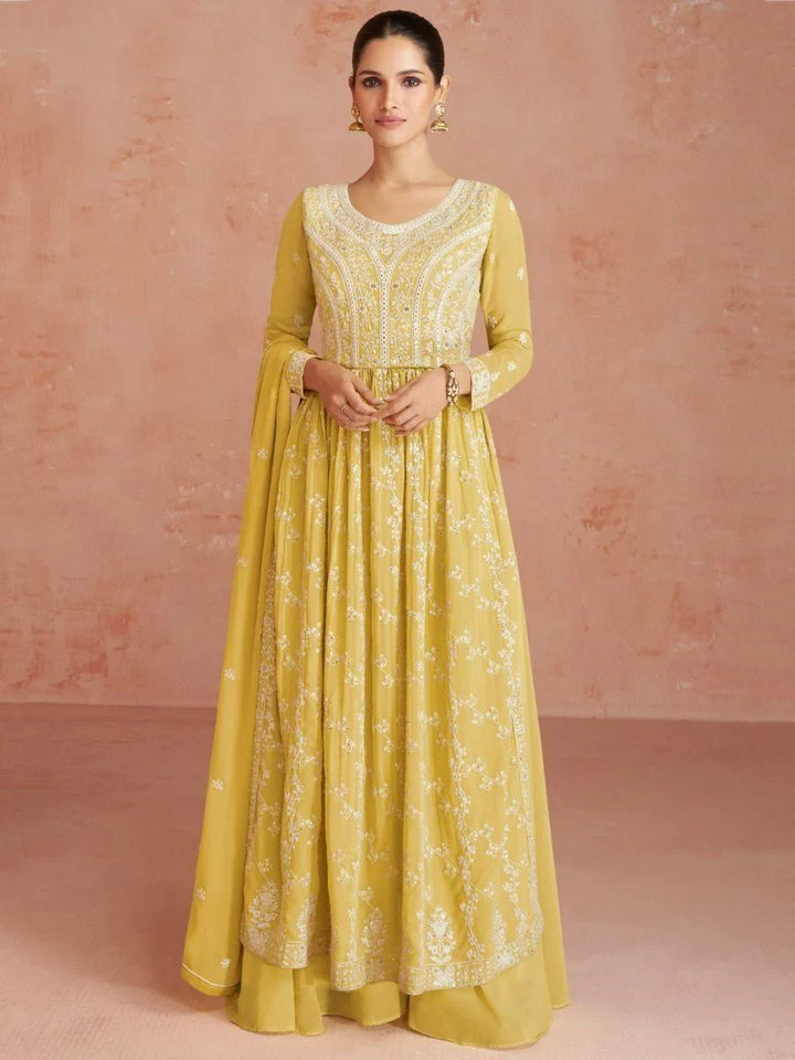 Appealing Yellow Embroidered Georgette Wedding Wear Palazzo Suit