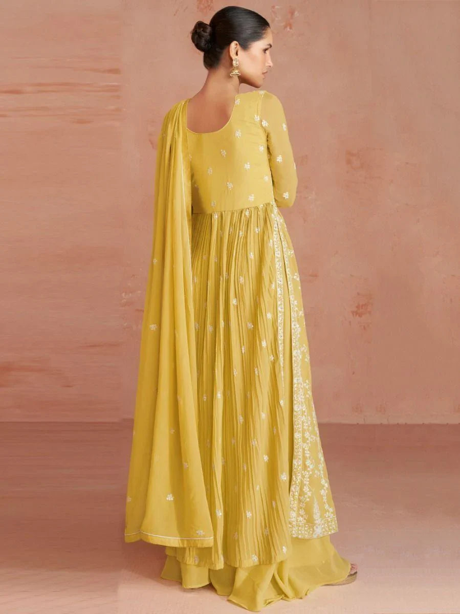 Appealing Yellow Embroidered Georgette Wedding Wear Palazzo Suit