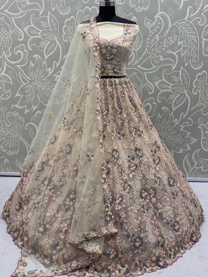 Appealing Yellow Floral Embroidered Net Wedding Wear Lehenga Choli With Dupatta - Zeel Clothing