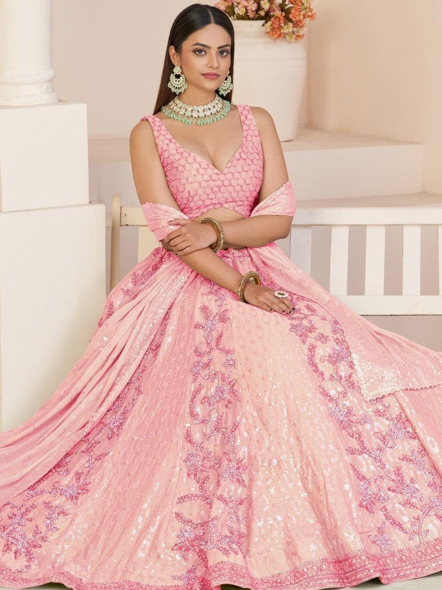 Superb Pink Sequins Georgette Wedding Wear Lehenga Choli
