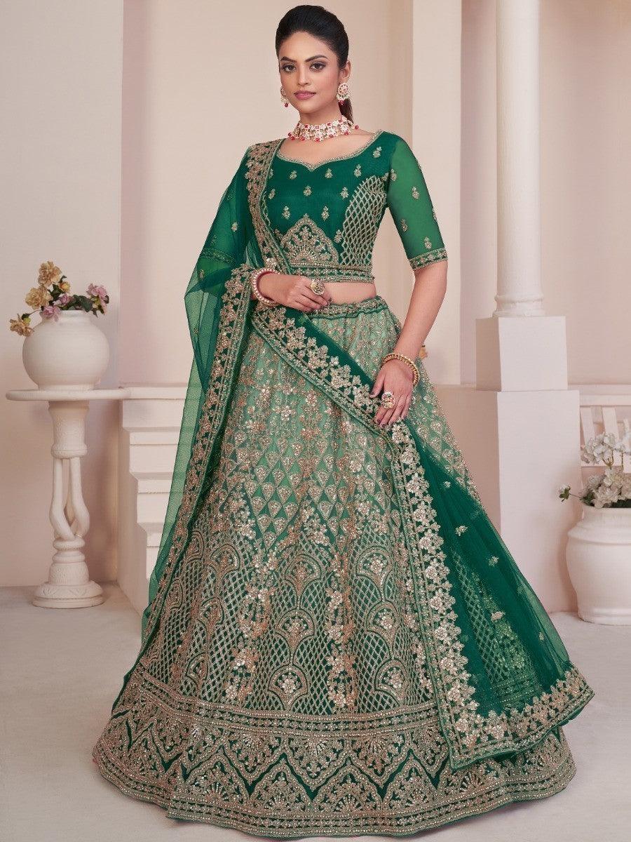 Fetching Green Sequins Net Bridal Wear Lehenga Choli With Dupatta
